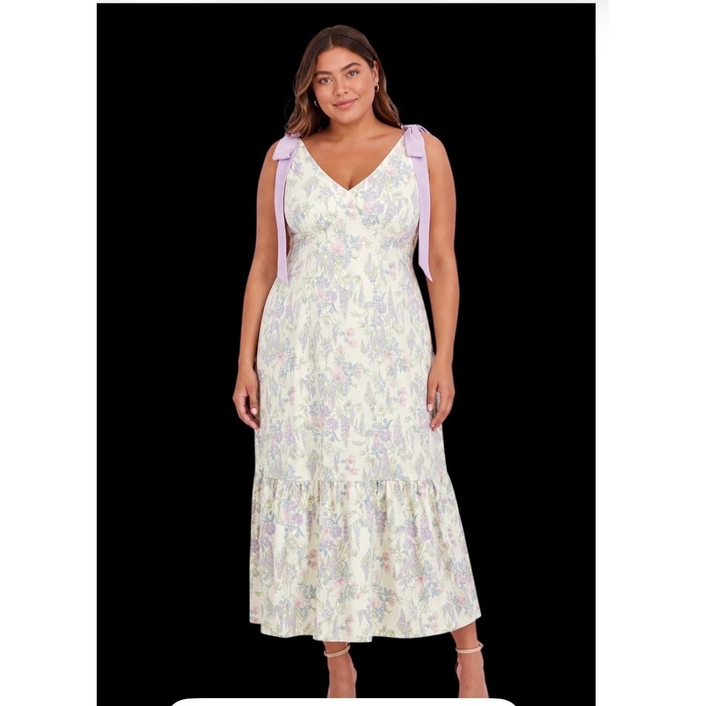 Bridgerton Slip Dress‎ sz XL Floral Satin Ribbon Tie cottage satin midi flare
